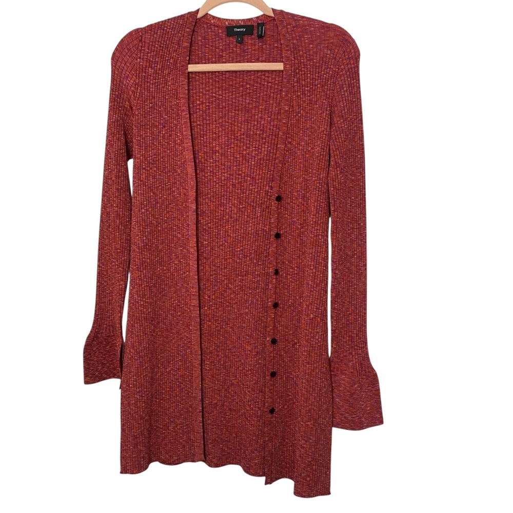 THEORY Women's Rib-knit Mid-length Cardigan In Sunset Multi - Picture 2 of 7